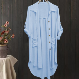 Cross-Border Mid-Length Long-Sleeved Solid Color Shirt for Women, Artistic Loose Front Short and Long Back Sun Protection Cardigan Thin Jacket New Style