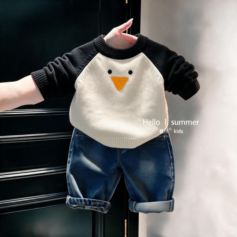 Autumn and winter unisex children's color-blocked raglan loose round-neck sweater, Korean style penguin cartoon jacquard knit top