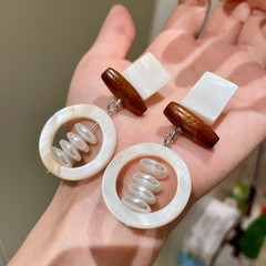 复古港风圆形贝壳串珠流苏耳环女气质木质珍珠长款耳坠显脸小耳钉