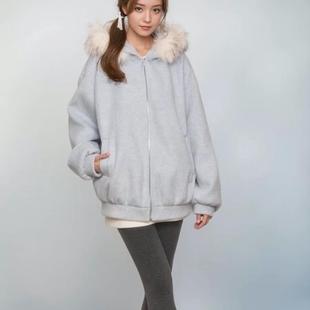 Hooded Fur Collar Woolen Outwear for Women Winter Thickeneded Warm Zipper Blue Sweatshirt Fur Outwear