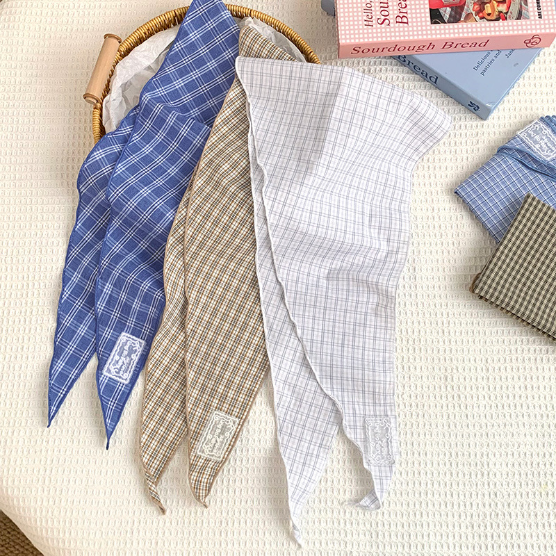 Bufanda de seda, atmósfera coreana, pañuelo a rayas a cuadros, cinturón para el cabello, decoración para el cabello, bufanda pequeña, bufanda triangular de algodón y lino, cintura