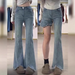 FUIV ブルーローエッジマイクロフレアジーンズ女性のための 2025 秋の新ハイウエスト痩身ホットガールフレアパンツ