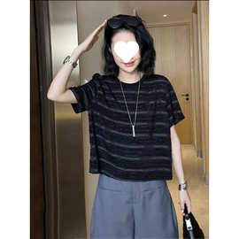 欧货黑色时尚条纹短袖T恤女夏季2025新款设计感小众休闲百搭上衣