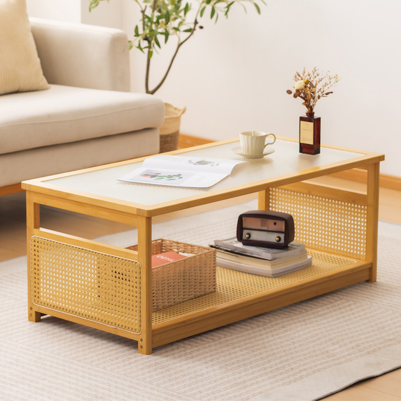 Mesa de centro de ratán, sala de estar, hogar, madera maciza, nueva mesa de té, apartamento pequeño de estilo japonés, mesa de vidrio rectangular moderna simple