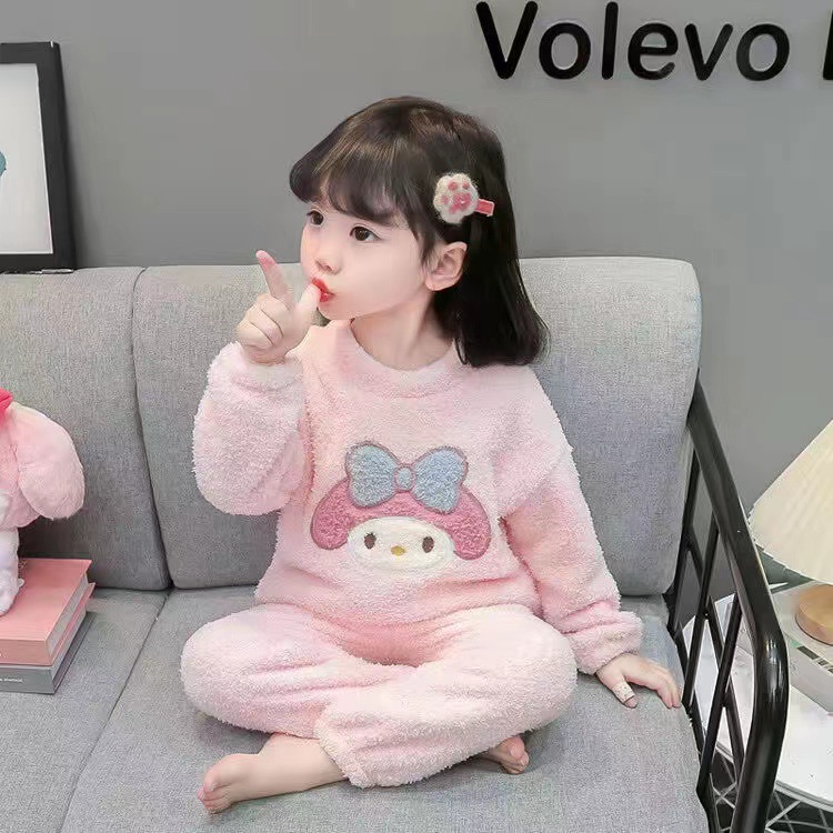Girls' Flannel Pajamas Autumn and Winter Children's Round Neck fleece-lined Warm Coral Fleece Winter Thickened Home Clothes suit