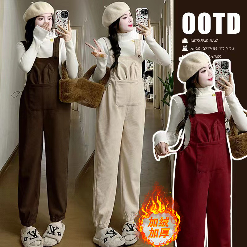 Quần yếm bà bầu phong cách thu đông quần vải nhung kẻ thường ngày dày dặn ấm áp lót lông cừu một mảnh quần mùa đông có dây đeo