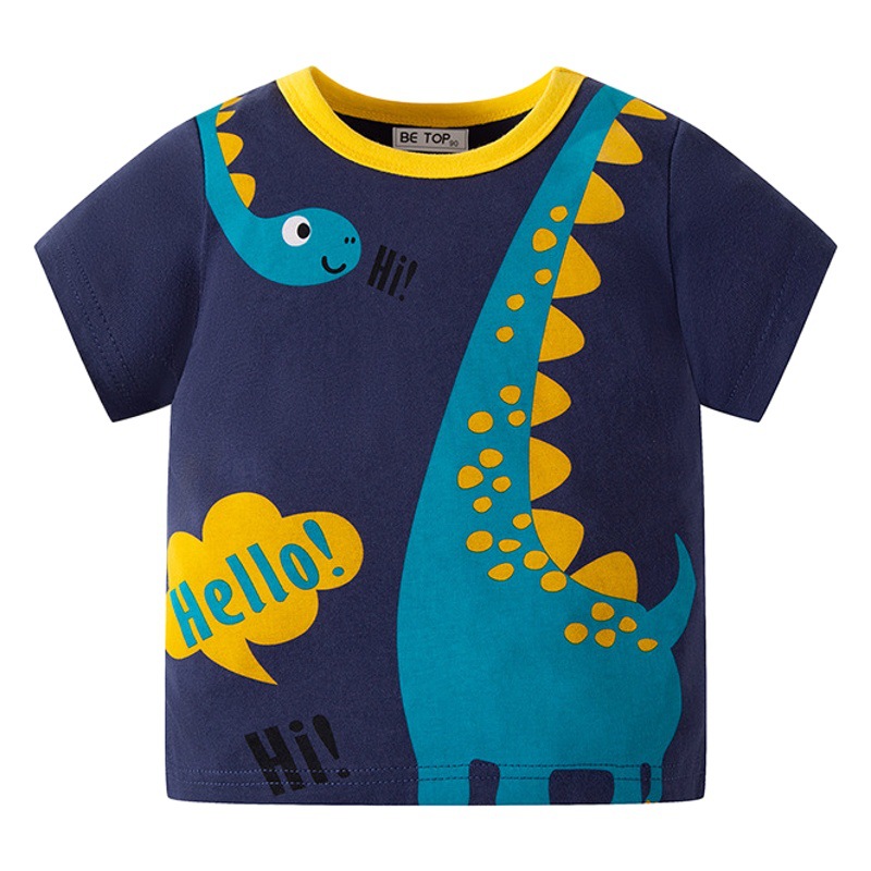 Niños de manga corta bebé de dibujos animados de media manga 2024 ropa de verano dinosaurio tridimensional camiseta de los niños de algodón ropa de los niños entrega de una sola pieza