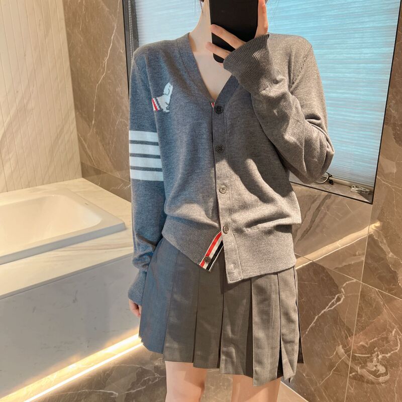 tb Puppy Jacquard Wool Knitted Cardigan Women's Early Autumn New Long Sleeve Thin V-Neck Short Coat Top
