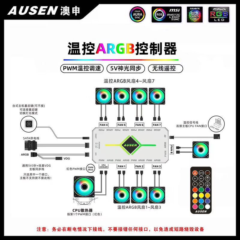 Computer Case Fan Argb Controller Pwm Temperature Control Hub 5V3-Pin Aura Sync Two-In-One Controller