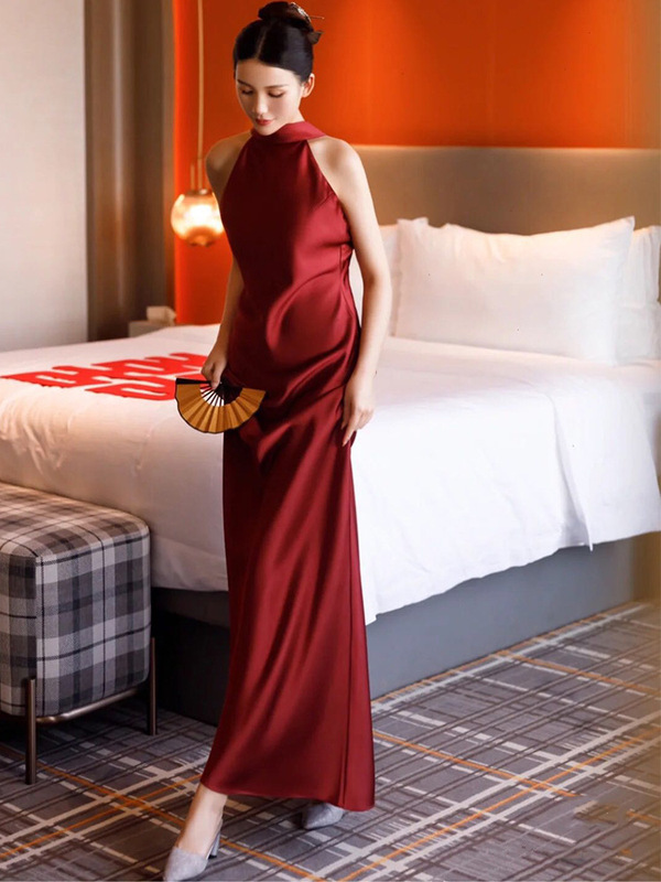 Bridal Toast Dress 2026 New Style Wedding Burgundy European and American Style Engagement Homecoming Banquet Elegant Halter Neck Evening Dress Bridal Toast Dress 2026 New Style Wedding Burgundy European and American Style Engagement Homecoming Banquet Elegant Halter Neck Evening Dress