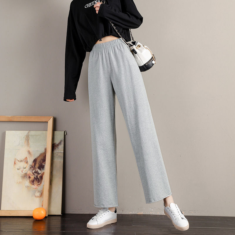 Women's High-Waisted Loose-Fitting Gray Straight-Leg Sweatpants for Petite Figures, Suitable for Spring, Autumn, and Summer, with a Casual Style