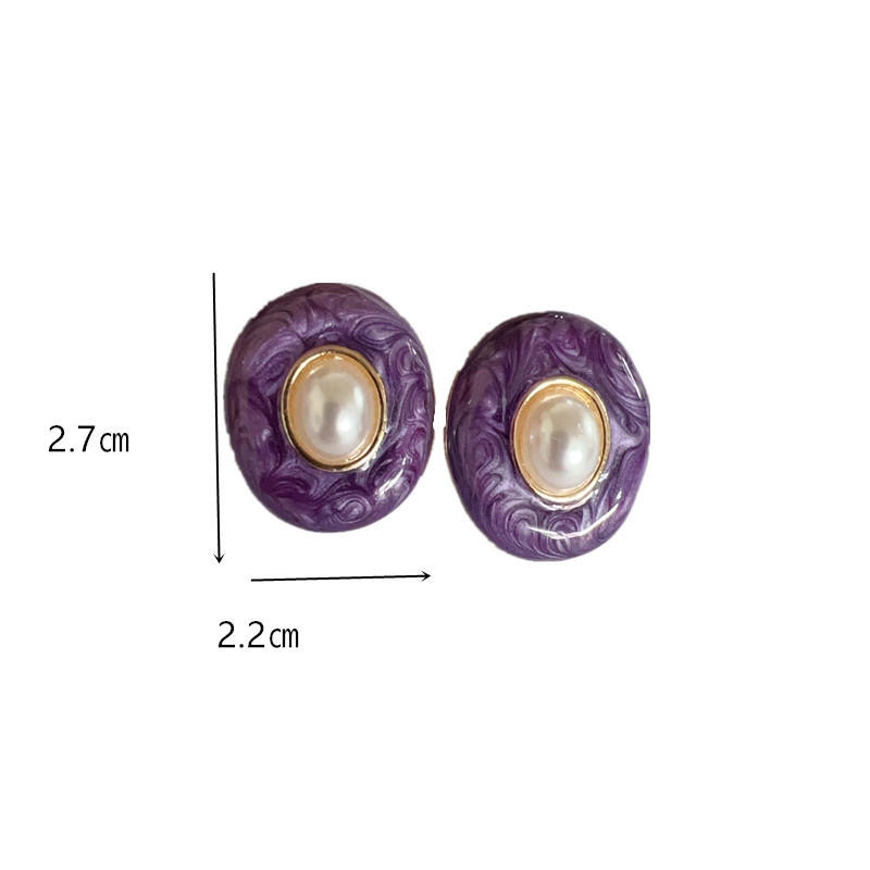 925 Sterling Silver Ear Needle Material Elegant French Heavy Duty 925 Silver Needle Pearl Baroque Style Court Ladies Oval Enamel Color Stud Earrings Geometric Pattern Alloy Vintage