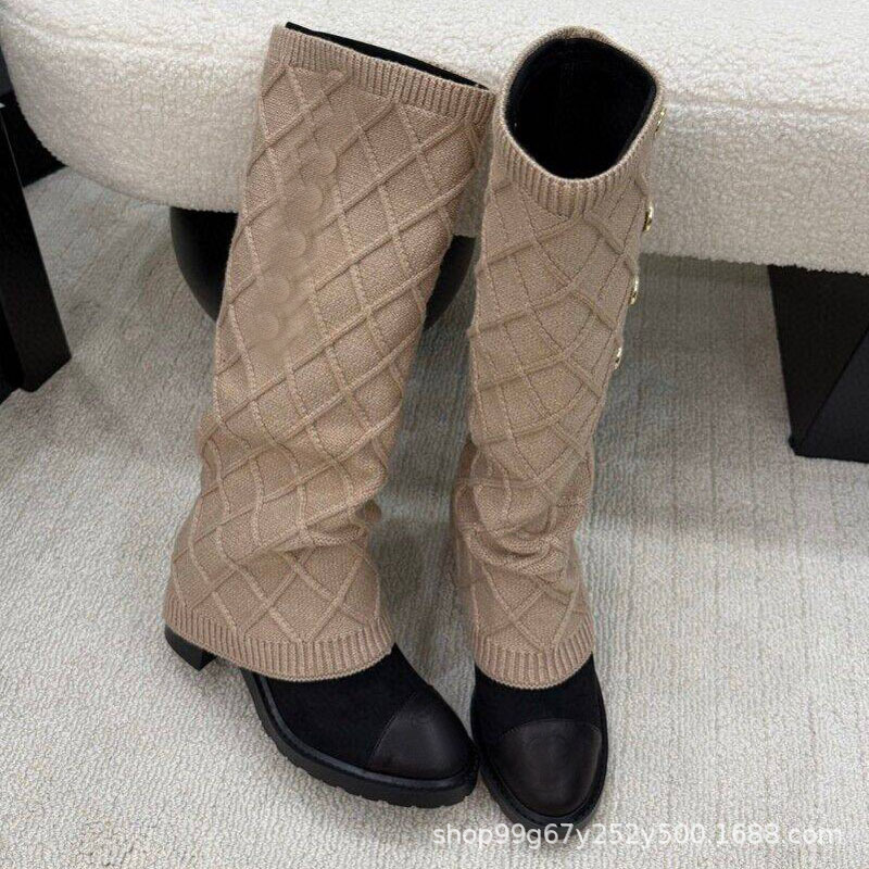 C辣妹25新款拼色格纹搭扣针织裤管靴粗跟袜子靴长靴女|undefined