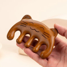 绿檀木按摩梳金丝檀可爱猫头部经络梳五指圆头梳子玉檀香源头工厂