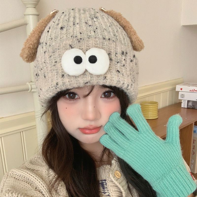 彩点小狗耳朵针织帽毛线帽男女同款冬季加厚防寒保暖护耳套头帽子|undefined
