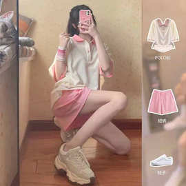 时尚运动套装女夏季甜系学院风宽松POLO领短袖T恤休闲短裤两件套