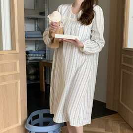 跨境专供女春季条纹花双层棉纱小V领花边家居服睡裙连衣裙配发圈