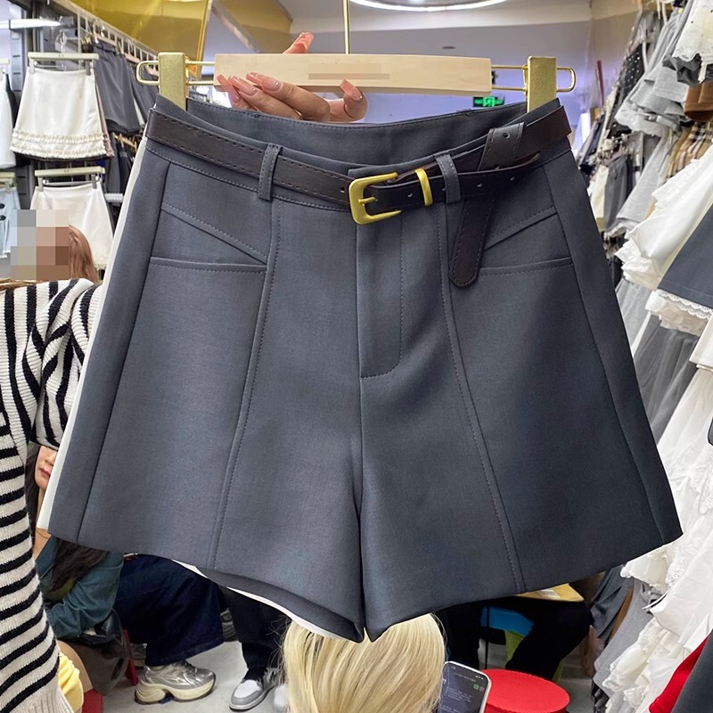Grey Retro Fashion High Waist Temperament Shorts Women's 2025 Spring New Slimming All-match A- line Casual Wide Leg Pants