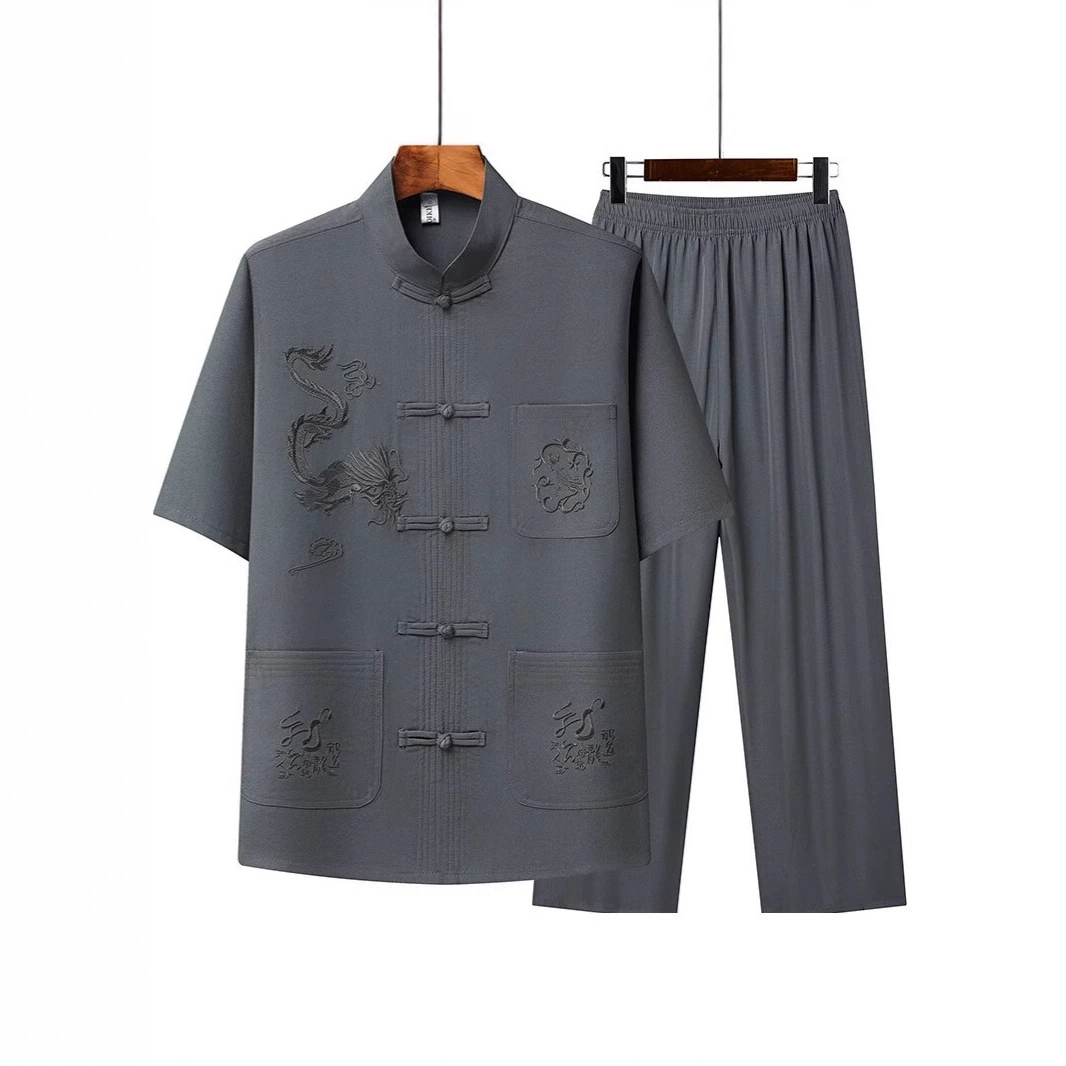 Костюм Тан, мужская рубашка с короткими рукавами в китайском стиле династии Хань, летняя рубашка из ледяного шелка для людей среднего и пожилого возраста, костюм для папы, рубашка для дедушки