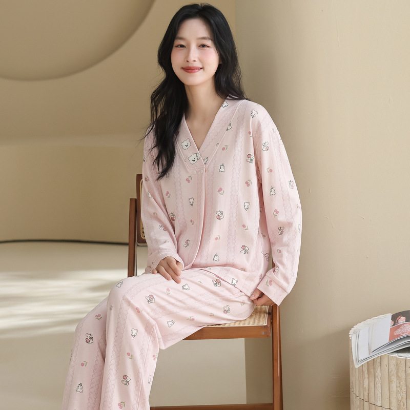 Summer Maternity Long-Sleeve Pure Cotton Postpartum Clothing with Chest Pads, Sweat-Absorbent Thin Maternity Pajamas, Nursing Wear for Postpartum Women Summer Maternity Long-Sleeve Pure Cotton Postpartum Clothing with Chest Pads, Sweat-Absorbent Thin Maternity Pajamas, Nursing Wear for Postpartum Women