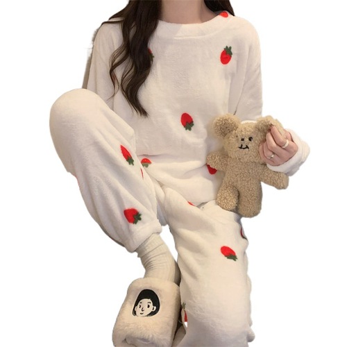 Coral Fleece Women's Winter Cute Strawberry Padded Thick Warm Plush Lined Pajama Set  New Homecoming Suit