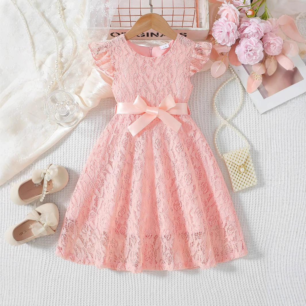 Amazon трансграничная детская одежда оптом для девочек элегантный сплошной цвет кружевное платье для фортепиано свадебное шоу с поясом