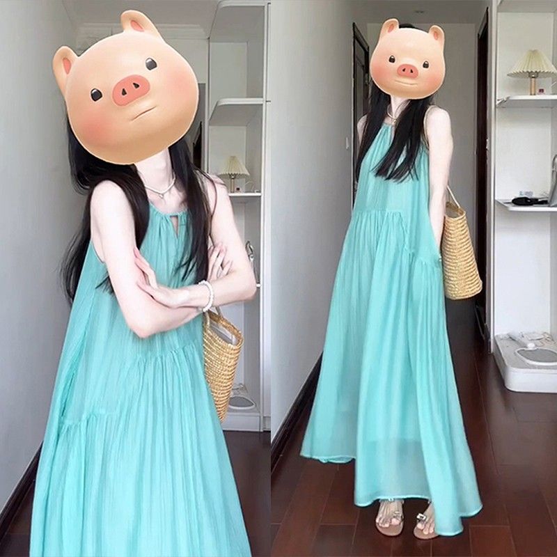 French-Style Hollow-Out Spaghetti Strap Dress for Women, Summer Seaside Vacation Style Beach Dress, Pleated, Relaxed and Lazy Long Dress