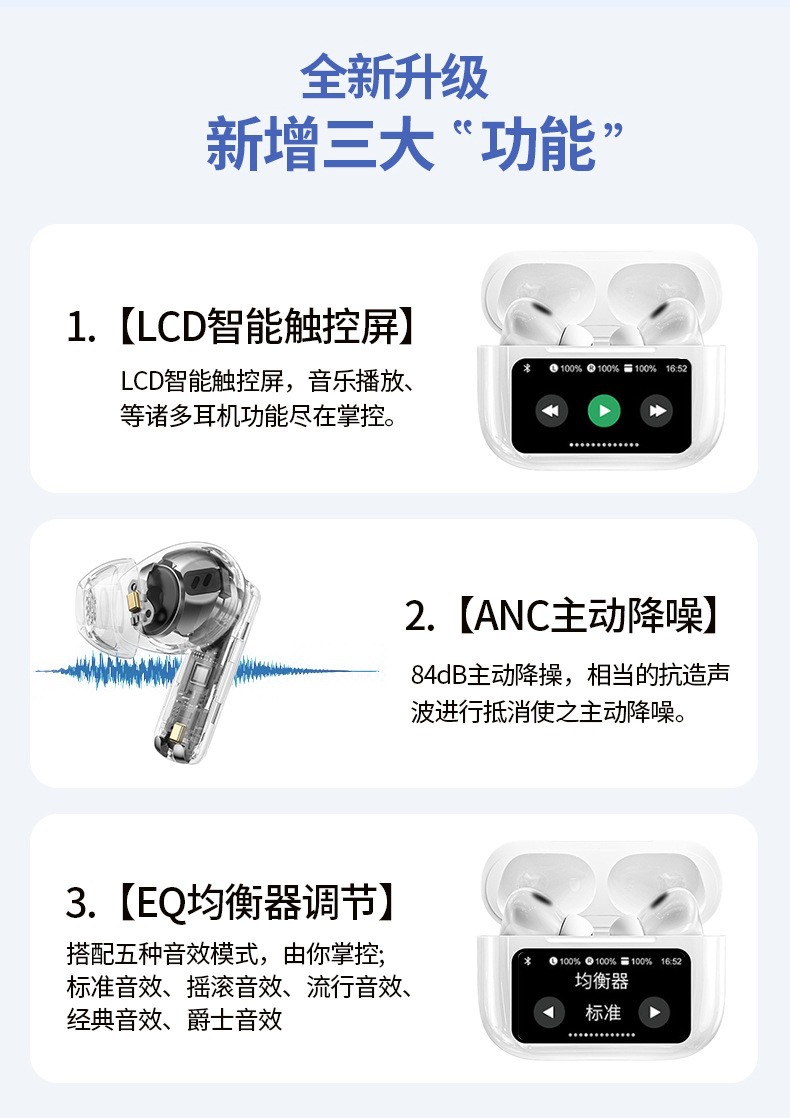 2026 Wireless Bluetooth Earbuds Huaqiangbei In-Ear Smart Color Touch Screen A9Pro Noise Cancelling Earphones Ultra Long Battery Life