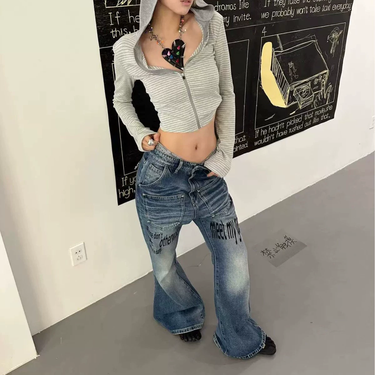 DETW 25AW* оригинальный ретро нишевой слоган вы washed blue cow cat whiskers micro-flared rivets all-match jeans for men and women