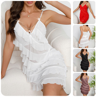 Multi-Layer Ruffled Nightgown Mesh Suspender V Neck Pearl Pendant Decoration Multi-Color Cross-Border Women's Pajamas Wholesale 895