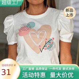 European and American New FacTory DirecT Sales IndependenT STaTion wish Popular HearT HoT PaTTern Puff Sleeve Round Neck T-shirT