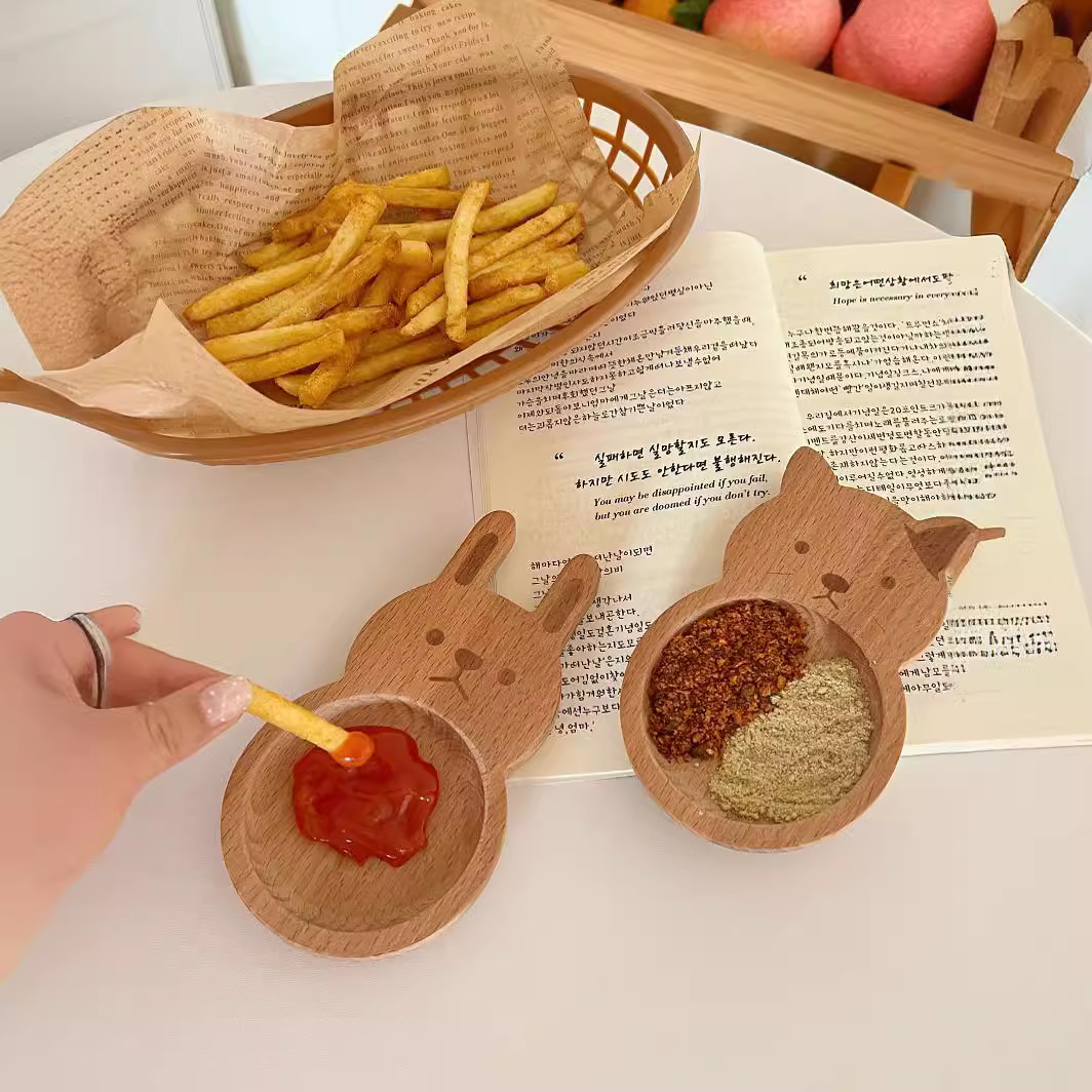 "Yuanjin Bamboo Wood" Elm Wood Solid Creative Hot Pot Dipping Plate Small Taste Plate Household Wooden Tableware Ins