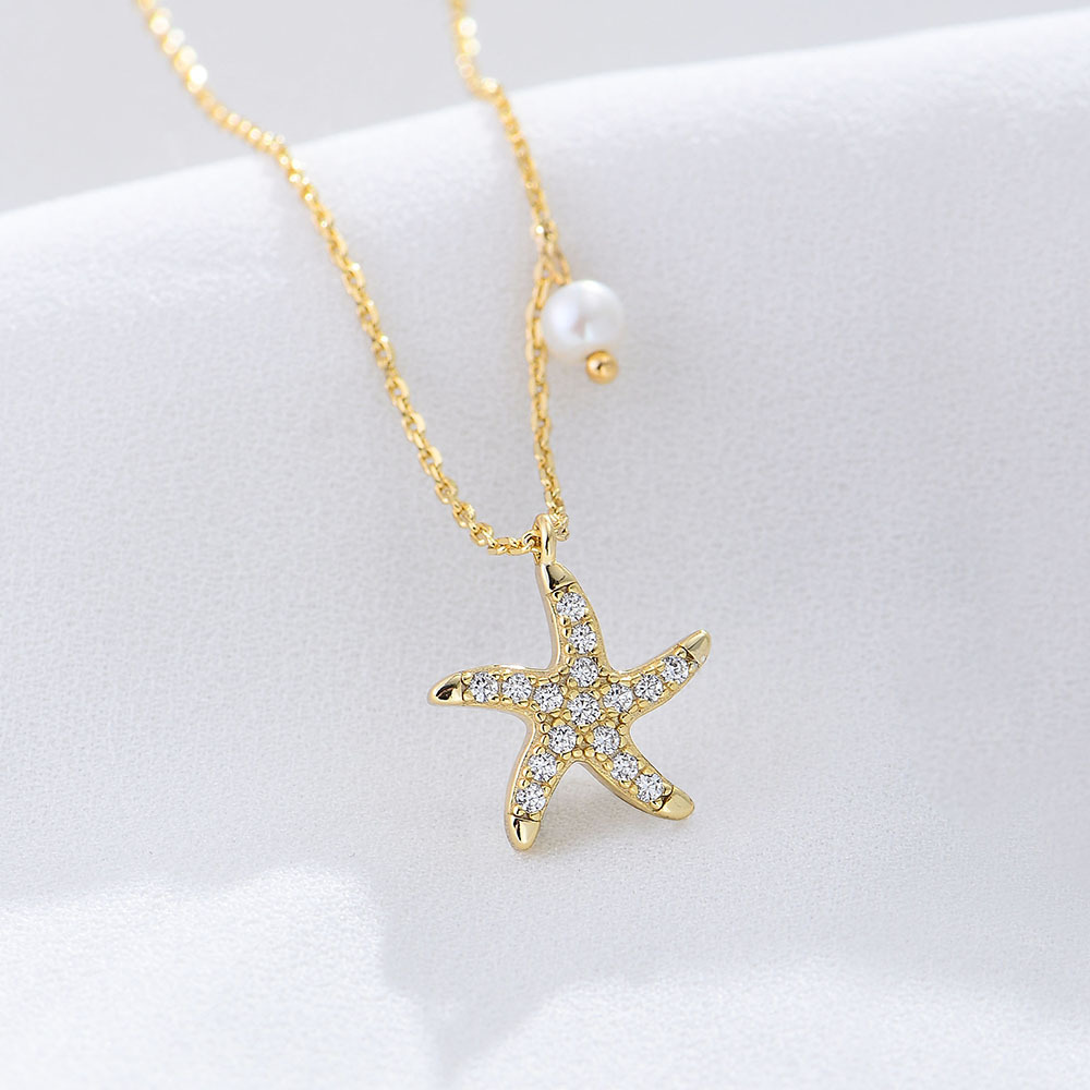 8g Weight 0.03µm Gold Plating Thickness 925 Sterling Silver Artificial Pearls Rhinestones Plating Inlay Starfish Pendant Necklace