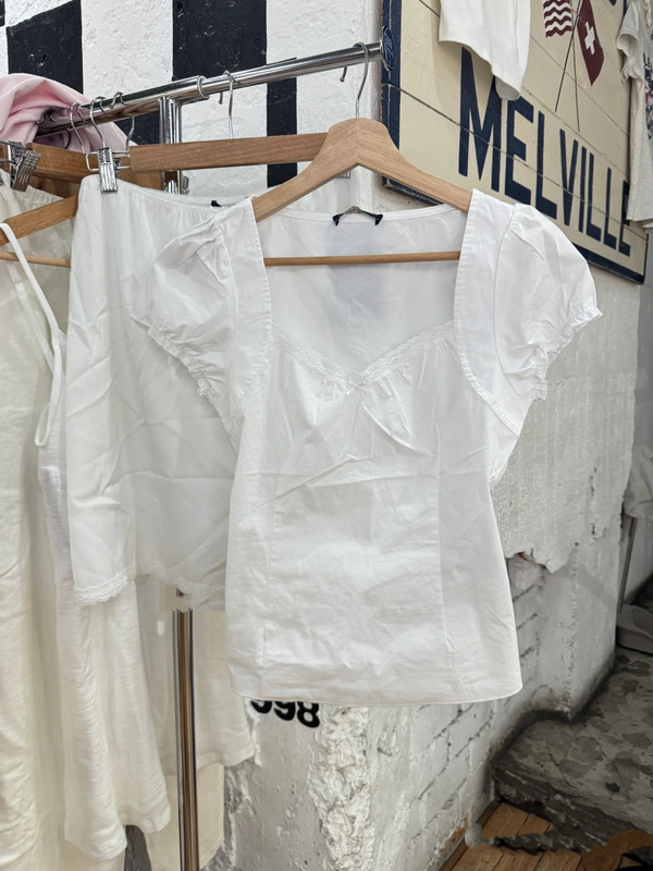 BM Style American Style White Lace Trim Square Collar Bubble Sleeve Short-sleeved Shirt Women's Bm All-match Tight Waist Lace-up Short Top