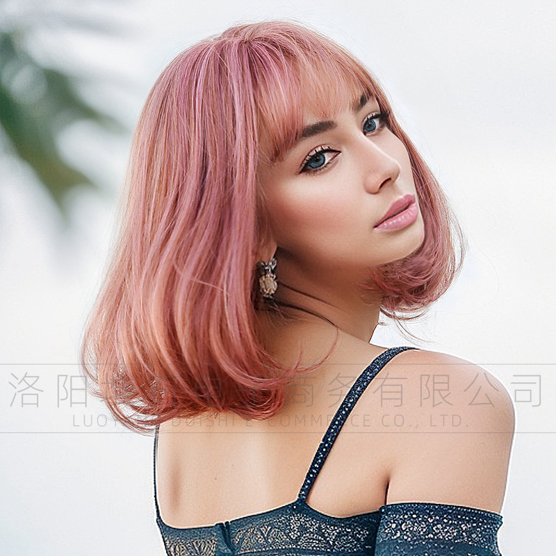 Synthetic Wig European and American Style Short Curly Hair with Slight Waves Pink Bangs Suitable for Parties Synthetic Wig European and American Style Short Curly Hair with Slight Waves Pink Bangs Suitable for Parties