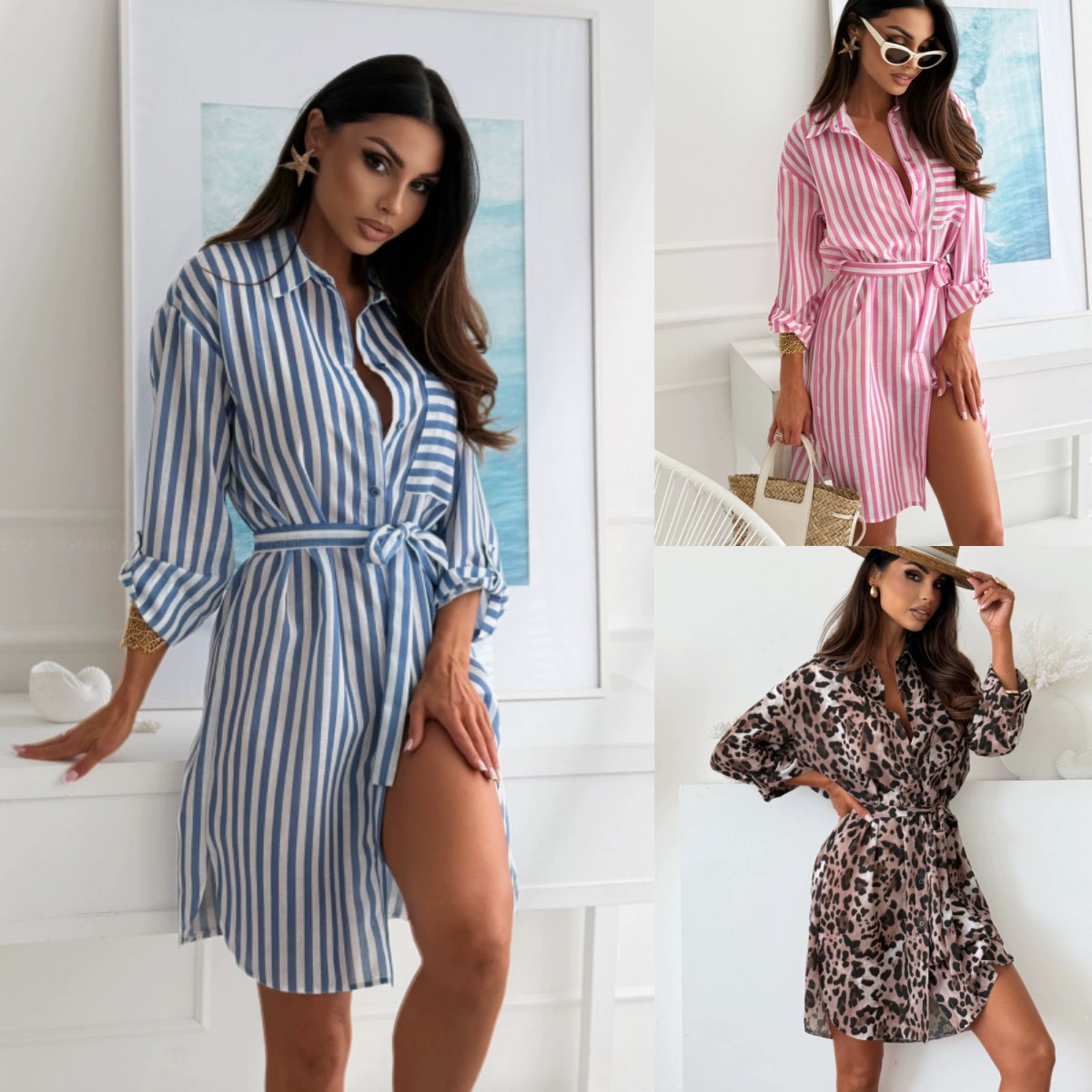 2025 Европейская и Американская трансграничная независимая станция Amazon новый осенний принт отворот свободного пояса платье женская одежда