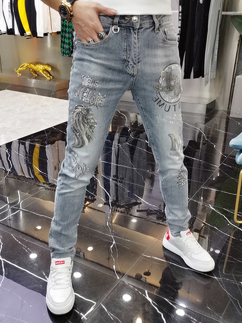 2023 Spring/Summer Jeans Men's Heavy Industry Hot Diamond Printing Fashion Brand Handsome Casual Slim Fit Small Foot_voghion.com