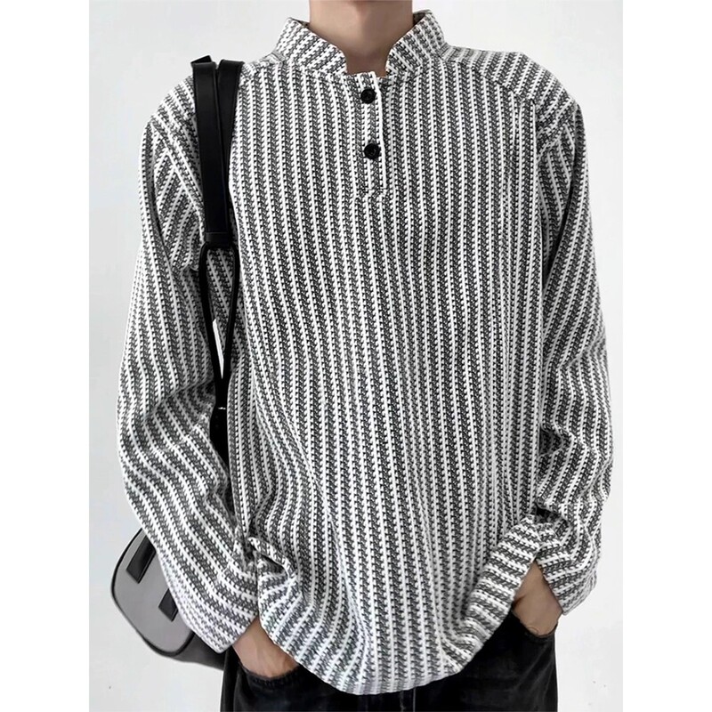 Tweed Style Henry Collar Long-Sleeved T-Shirt Men's Autum Fishbone Stripesd V-Neck Sweatshirt American Heavy Knitted Bottoming Shirt Tweed Style Henry Collar Long-Sleeved T-Shirt Men's Autum Fishbone Stripesd V-Neck Sweatshirt American Heavy Knitted Bottoming Shirt