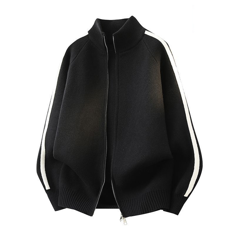 Explosiones transfronterizas de tamaño grande europeo a rayas cardigan jersey suéter chaqueta de hombre con cremallera fábrica de cuello vertical al por mayor