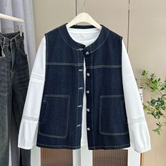 胖MM秋季新款减龄百搭明线牛仔马甲200斤大码女休闲坎肩外搭7960