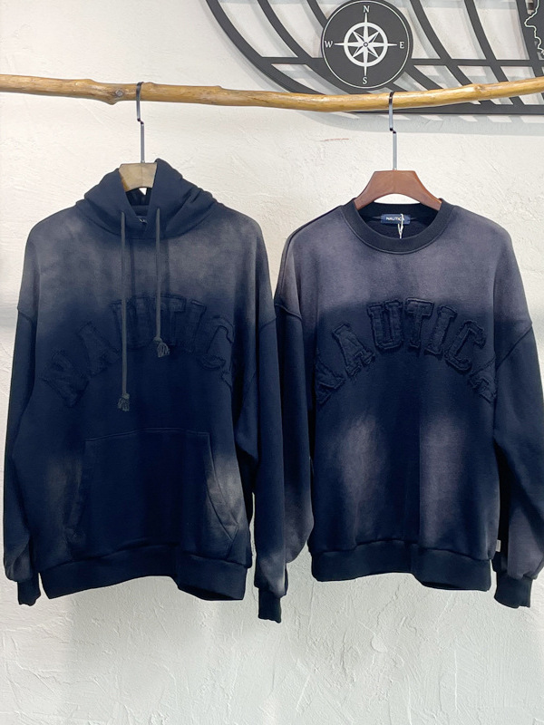 2024 Autumn New Nautic Washed Crew Neck Sweatshirt Men's Letter Embroidery Loose Long Sleeve Top