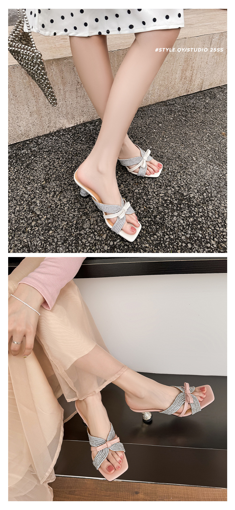 Sandal cao gót nữ hở mũi đính đá pha lê, quai ngang nơ bướm, gót 9 cm — màu hồng, màu trắng ngà chi tiết 9