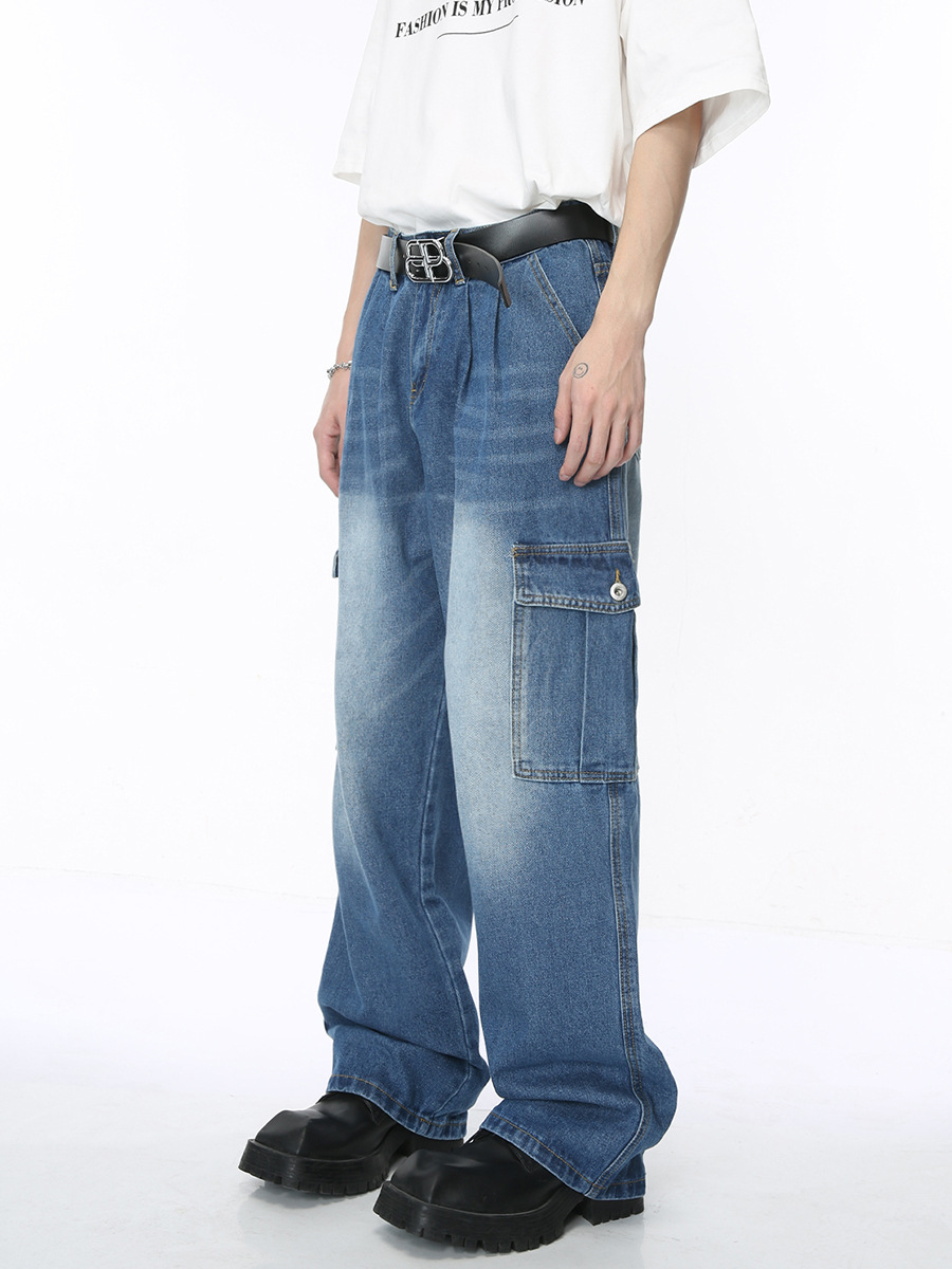 Mtlclothes ropa de Hombre | 2024 Four Seasons New American retro multi-Bolsillo suelto lavado jeans hombres