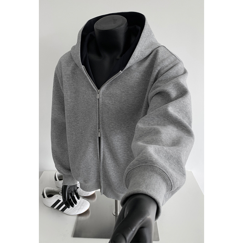 430 g schwerer Patchwork-Cardigan mit Kapuze, Herren-Stil, amerikanischer Trend, kastenförmig, kurz, Oversized, lässige Jacke_voghion.com