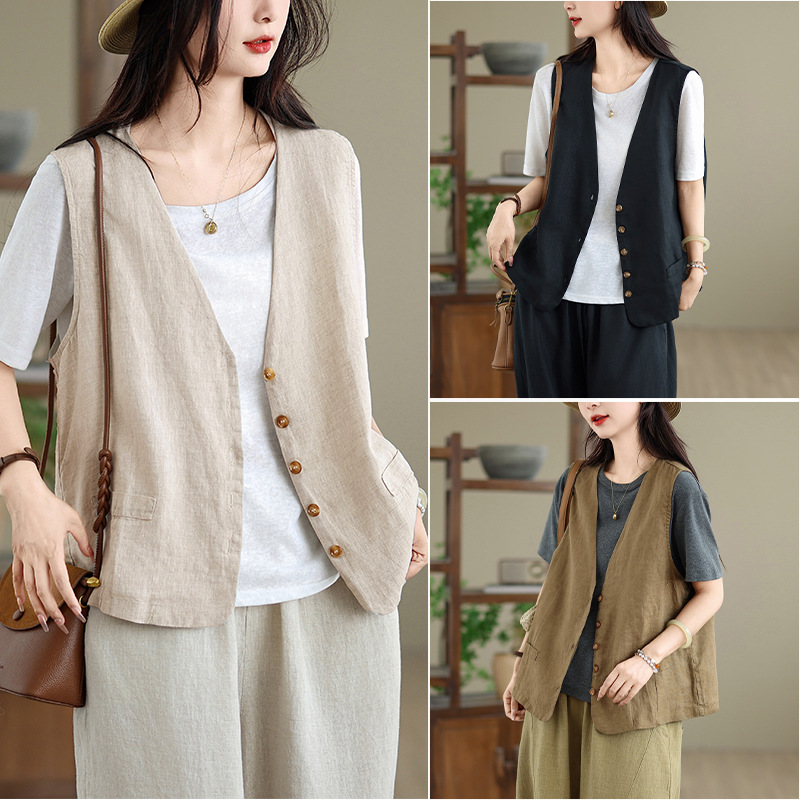 Real Shot of Retro Sand-Washed Cotton and Linen Sleeveless Vest for Women Summer New Style Artistic Cardigan Outer Top Vest