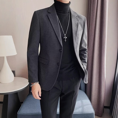 Autumn/Winter Men's Thick Wool Blazer Korean Style Overcoat Cool Trendy High-End Slim Fit Casual Blazer