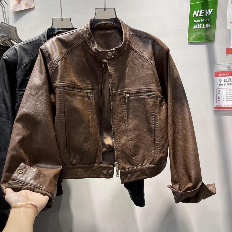 海宁皮衣外套女复古港风圆领宽松夹克上衣小个子美式皮衣机车服潮|undefined