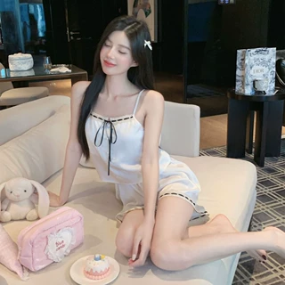 性感睡衣女夏季法式少女系带短裤两件套冰丝纯欲诱惑吊带薄款套装
