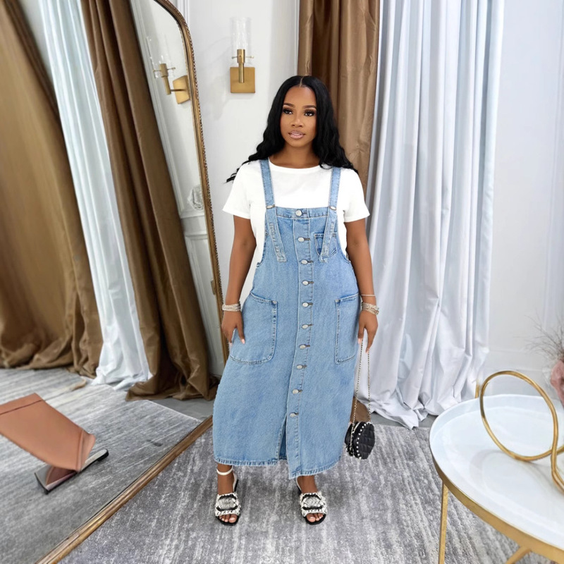 Yln5020 Cross-Border Independent Platform 2026 New Single-Breasted Over-The-Knee Mid-Length Denim Slip Dress