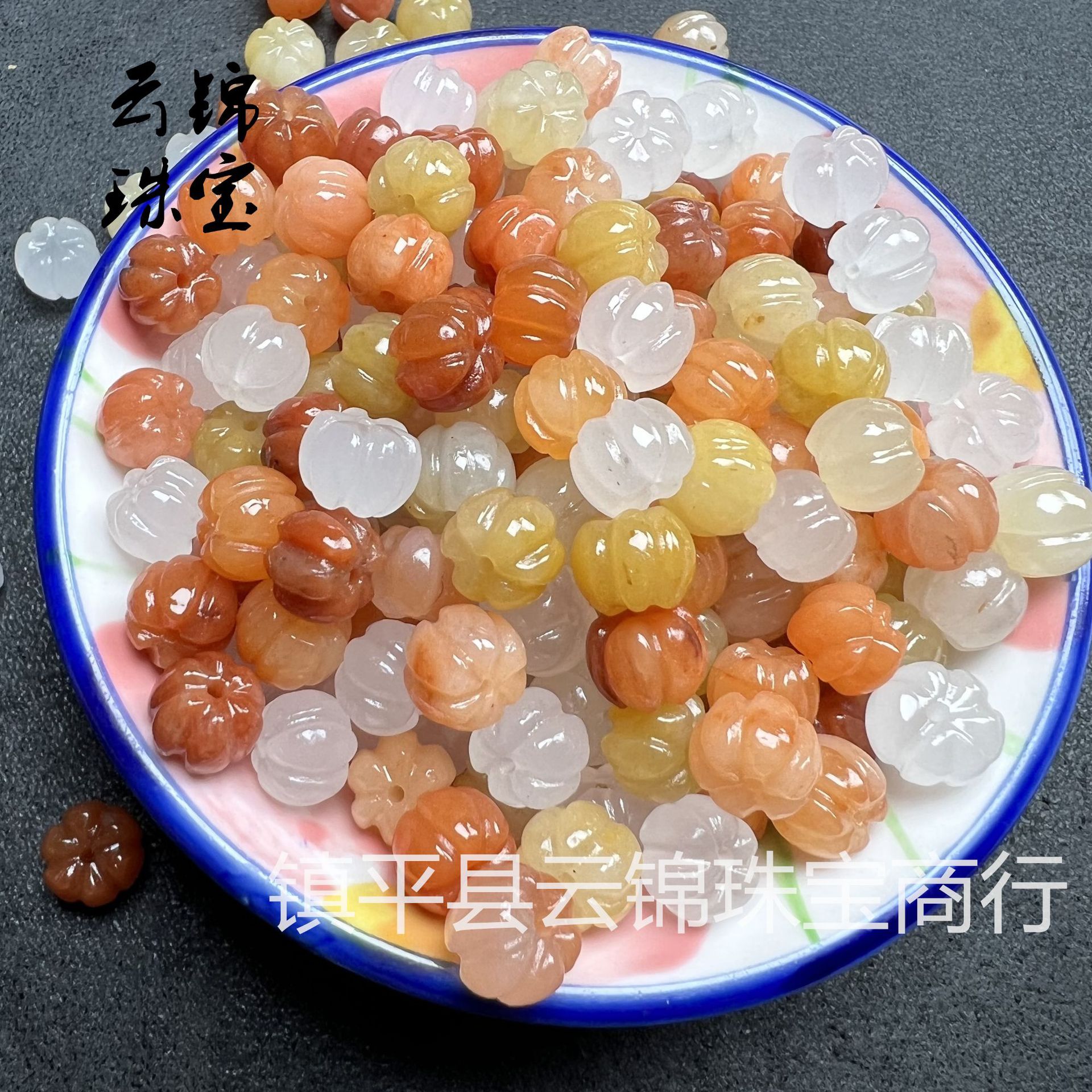 天然金丝玉三彩黄南瓜莲花散珠配饰 玉石手链毛衣项链diy饰品配件